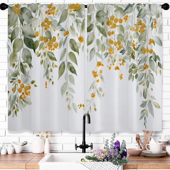 Green Eucalyptus Leaves Kitchen Window Curtains Boho Cafe Plant Retro Flower Small Short Spring Floral Rustic Botanical Bathroom Curtains 2 Panels Window Treatment Tiers 26x36 Inch