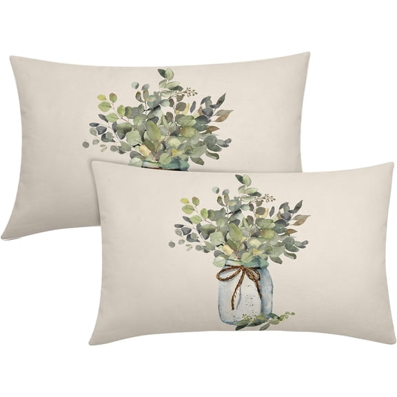 Green Eucalyptus Leaves Lumbar Pillow Covers 12X20 Inch Spring Summer Farmhouse Couch Pillow Cases Watercolor Leaf Throw Pillows Set of 2 Home Decor for Living Room Bedroom Bed Cushion Outdoor