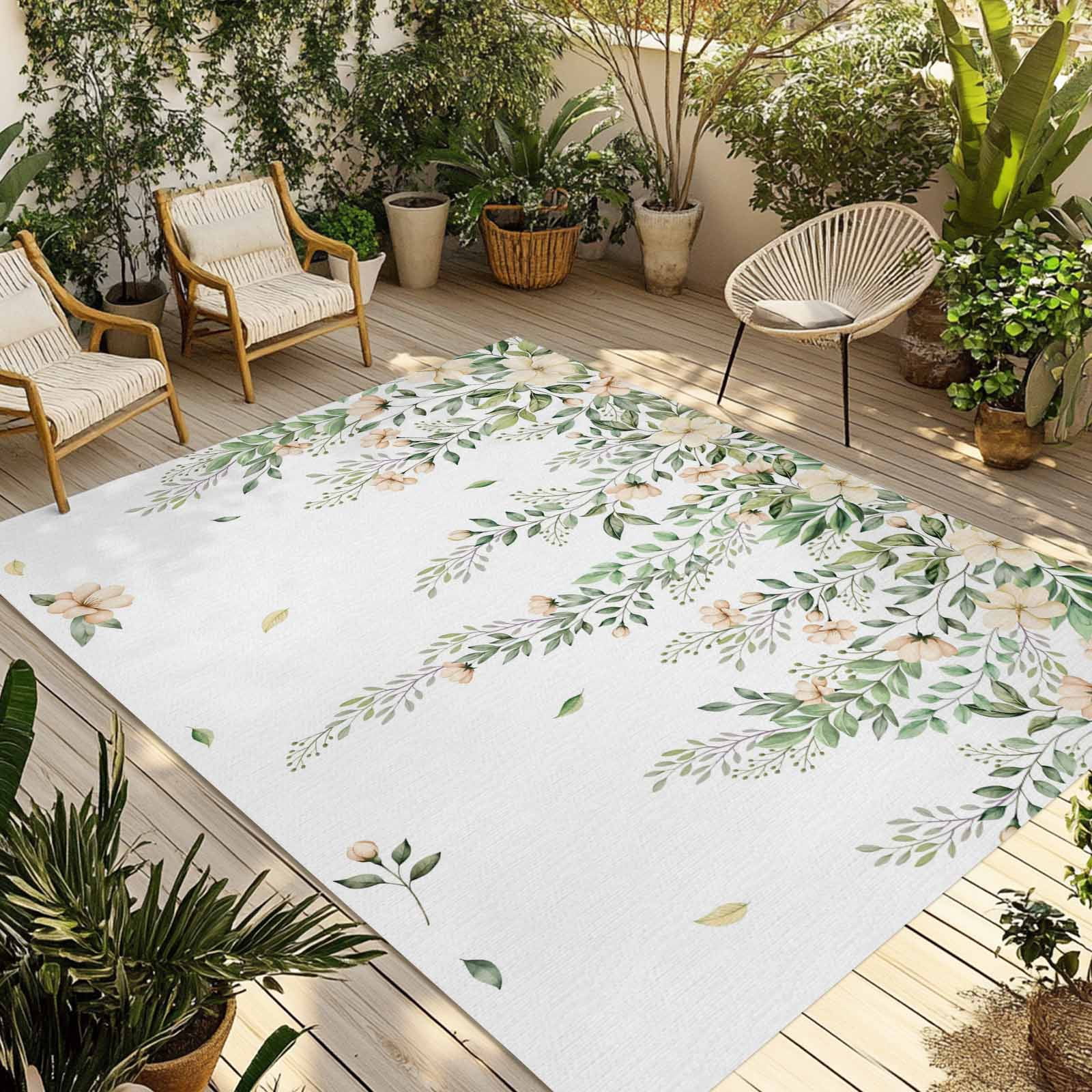 Green Eucalyptus Leaves Outdoor Rug for Patio/Deck/Porch, Non-Slip Large Area Rug 5 x 7 Ft, Spring Floral Weeping Farmhouse Indoor Outdoor Rugs Washable Area Rugs, Camping Rug Carpet Runner