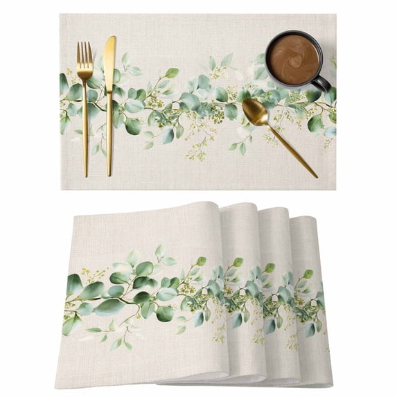 Green Eucalyptus Leaves Placemats Set of 12, Vintage Art Farmhouse Rustic Placemats for Dining Table, Place Mats for Kitchen Tabletop, Waterproof Wipeable Dining Table Mats Set