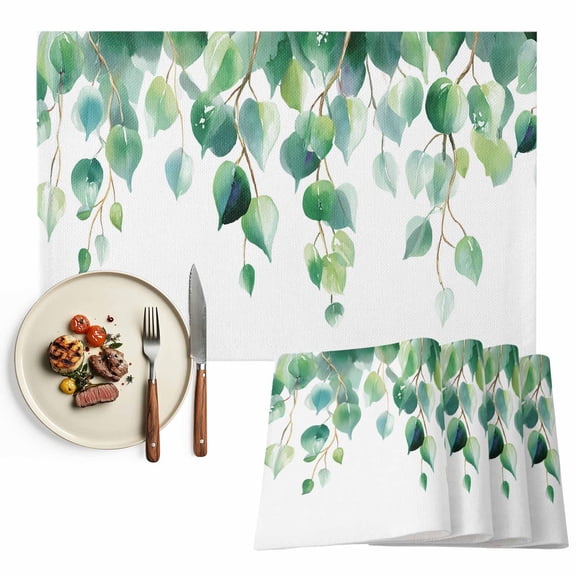 Green Eucalyptus Leaves Placemats Set of 12, Watercolor Botanical Tree Branch Table Mats Washable Heat-Insulation Non-Slip Place Mats for Kitchen Dinner Table Indoor Outdoor Decor,13x19 Inch