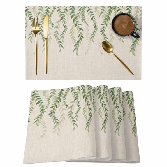 Green Eucalyptus Leaves Placemats Set of 4 Rustic Weep Botanical Leaf Beige Place Mats Indoor Wipeable Table Mats Washable Cloth Dining Table Placemats for Kitchen Holiday Party Home Decor 13x19 Inch