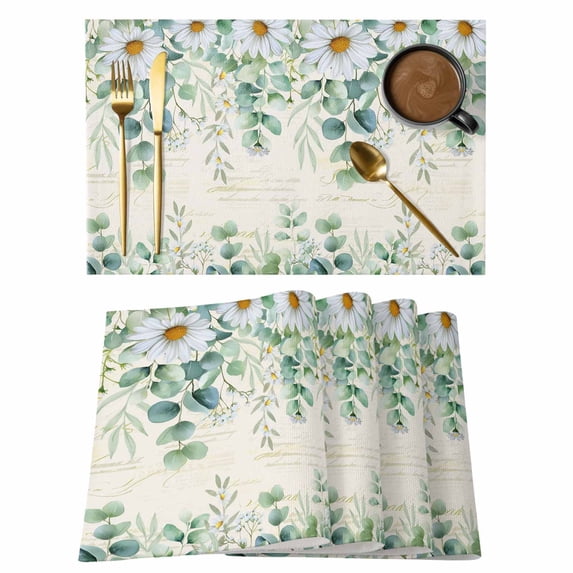 Green Eucalyptus Leaves Placemats Set of 6, Spring Daily Flowers Plants Beige Placemats for Dining Table, Place Mats for Kitchen Tabletop, Waterproof Wipeable Dining Table Mats Set