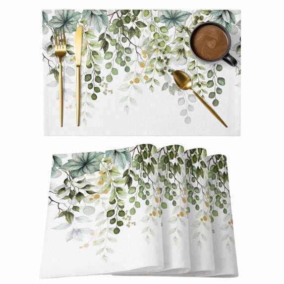 Green Eucalyptus Leaves Placemats Set of 6, Summer Botanical Weeping Placemats for Dining Table, Place Mats for Kitchen Tabletop, Waterproof Wipeable Dining Table Mats Set