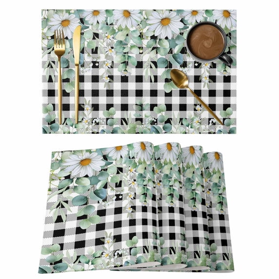 Green Eucalyptus Leaves Placemats Set of 8, Daisy Floral Placemats for Dining Table, Place Mats for Kitchen Tabletop, Waterproof Wipeable Dining Table Mats Set