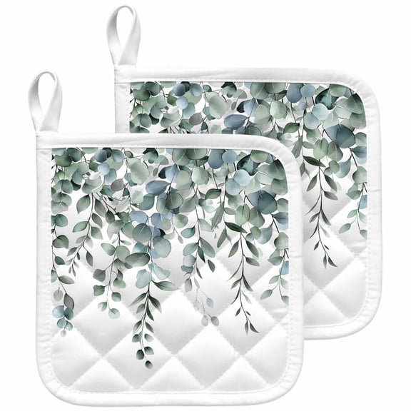 Green Eucalyptus Leaves Pot Holders for Kitchen Heatproof Potholder, 2 Pack Summer Botanical Watercolor Hot Pads Multipurpose Oven Pads Cloth Potholders Trivet for Cooking and Baking