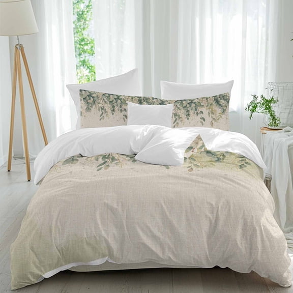 Green Eucalyptus Leaves Queen Size Comforter Set, Flower Vintage Linen Texture Bedding for All Seasons, 4 Pcs Bed Set, 1Quiltcover (90"x92") ,1Sheet(94"x116"), 2Pillowcases (30"x20")
