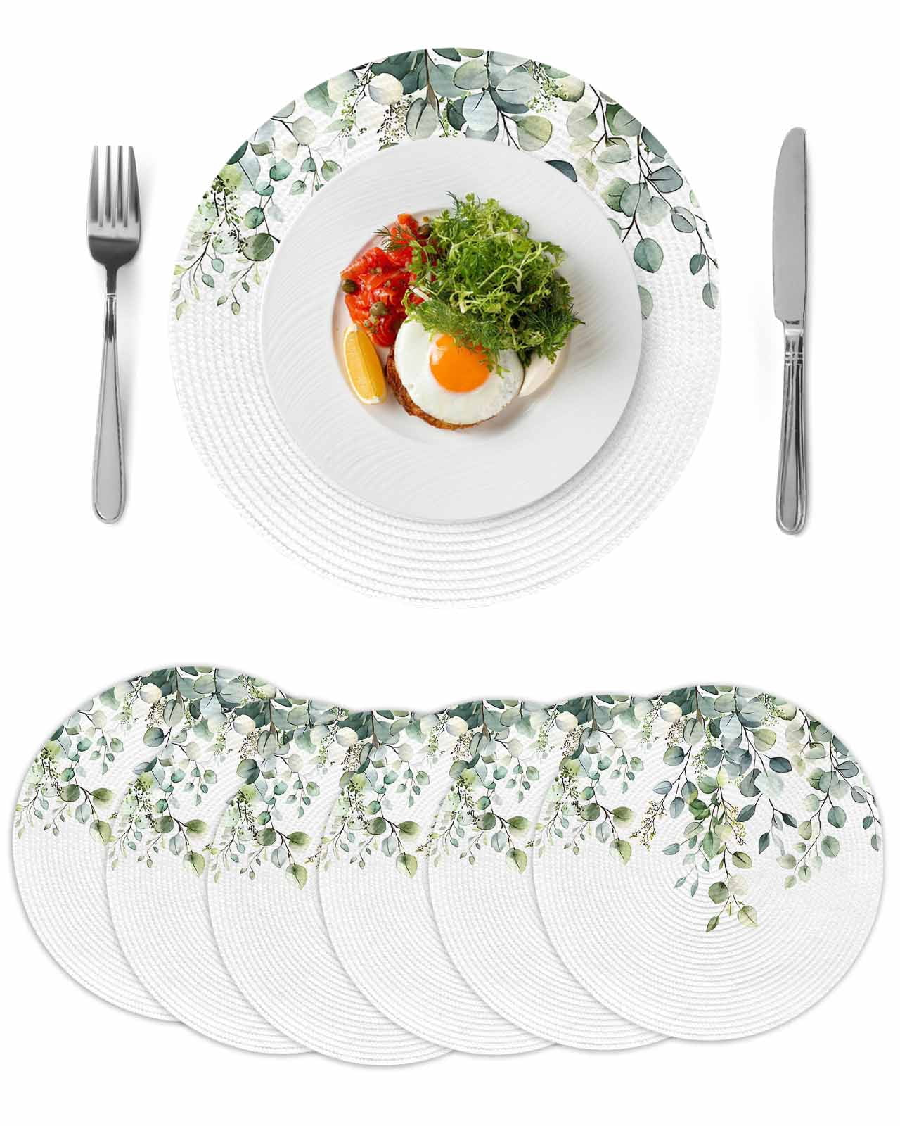 Green Eucalyptus Leaves Round 13 Inch Placemats Set of 6, Summer ...