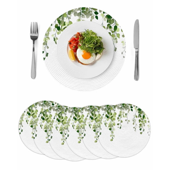 Green Eucalyptus Leaves Round 13 Inch Placemats Set of 6, Weeping Spring Botanical Summer HeatResistant Non Slip Place Mats for Dining Table, Wipeable Braided Kitchen Table Mats for Housewarming