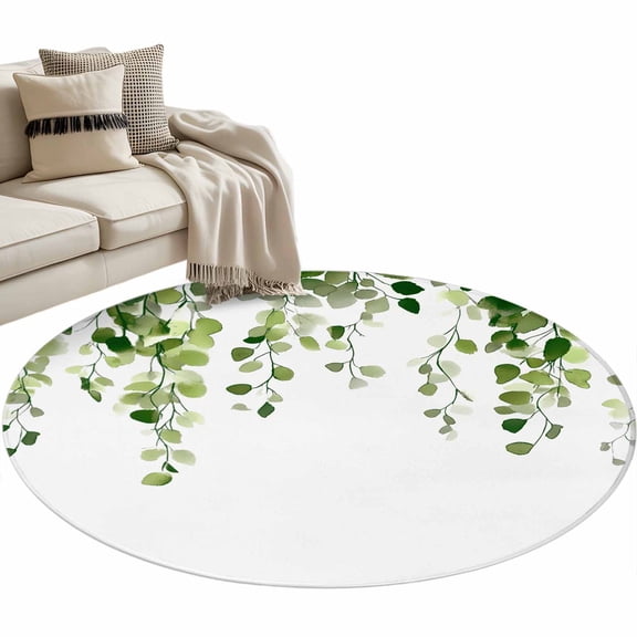 Green Eucalyptus Leaves Round Area Rug 4 FT, Non Slip Indoor Outdoor Rug, Weeping Spring Botanical Summer Washable Soft Circular Carpet Non-Shedding Floor Mat for Coffee Table Nursery Foyer Balcony