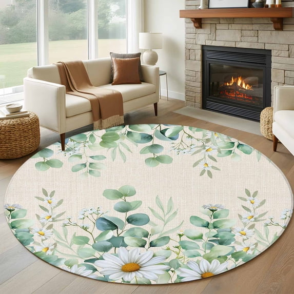 Green Eucalyptus Leaves Round Area Rug 5Ft Washable Circle Rugs for Living Room Bedroom, Daisy Summer Botanical Watercolor Non-Slip Carpet Floor Mats Indoor Outdoor Carpet Runner Aesthetic Home Decor