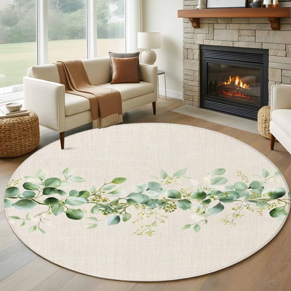 Green Eucalyptus Leaves Round Area Rug 7Ft Washable Circle Rugs for Dorm Laundry Room, Vintage Art Farmhouse Rustic Non-Slip Carpet Floor Mats Indoor Outdoor Carpet Runner Aesthetic Home Decor
