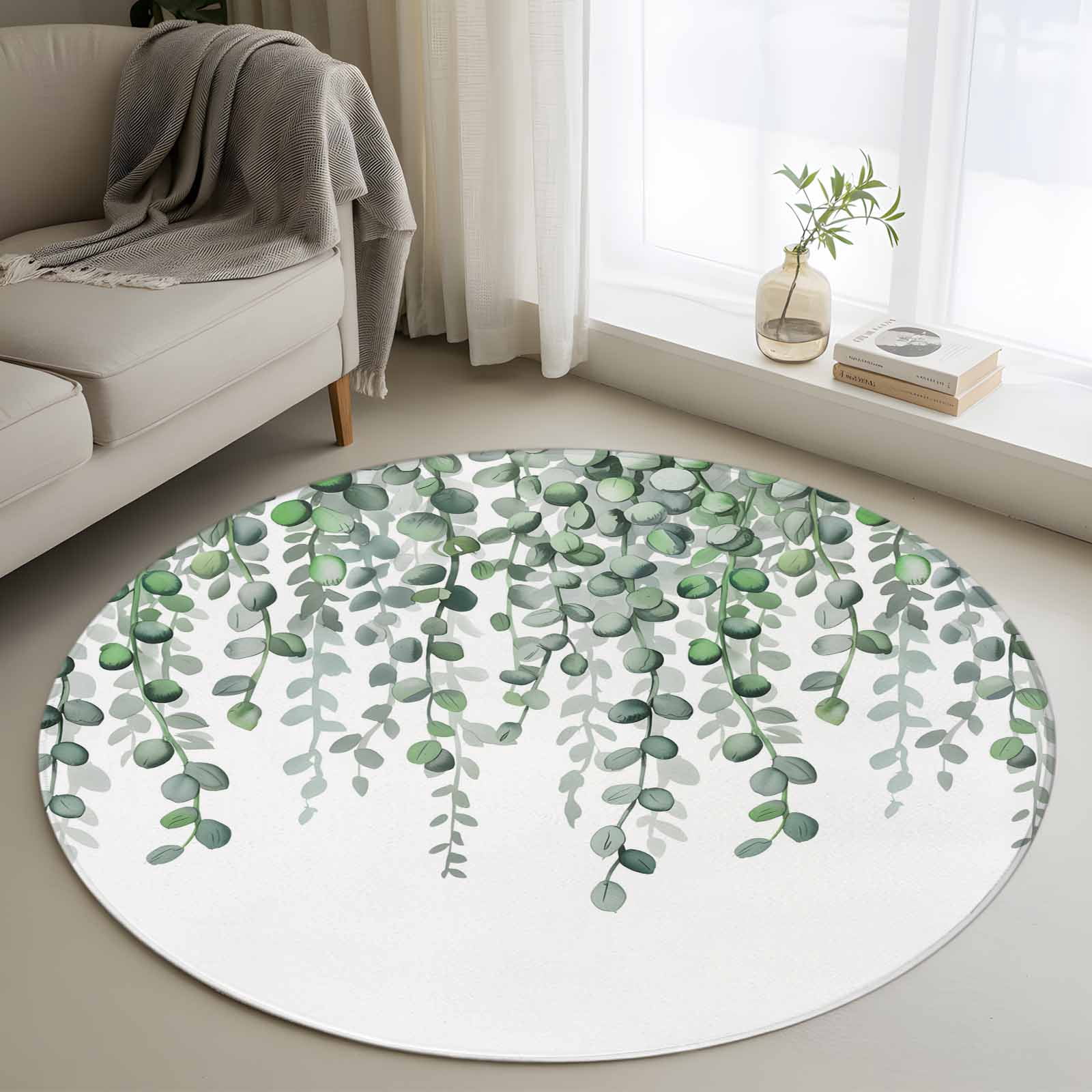 Green Eucalyptus Leaves Round Rug 3ft Washable Circle Entryway Rugs Non ...