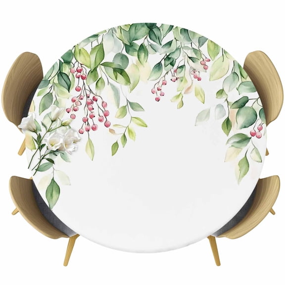Green Eucalyptus Leaves Round Tablecloth 36-44 Inch Round Fitted Table Cloth with Elastic Edge, Spring Summer Botanical Leaf Waterproof Table Cover Protector for Outdoor Picnic Party Dining