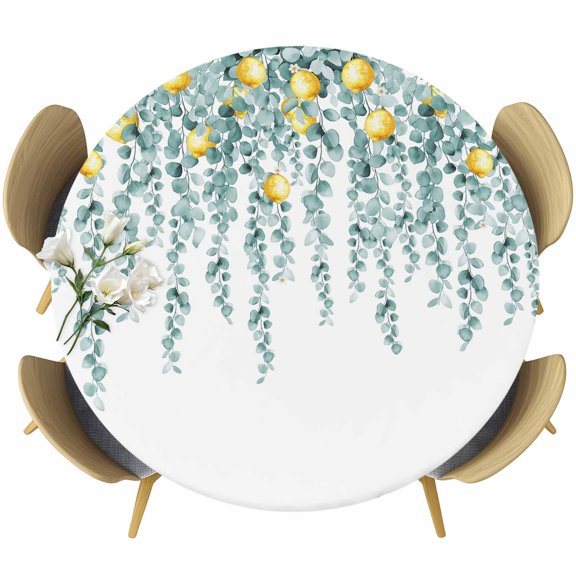 Green Eucalyptus Leaves Round Tablecloth 36-44 Inch Round Fitted Table Cloth with Elastic Edge, Spring Yellow Lemon Plants Waterproof Table Cover Protector for Outdoor Picnic Party Dining