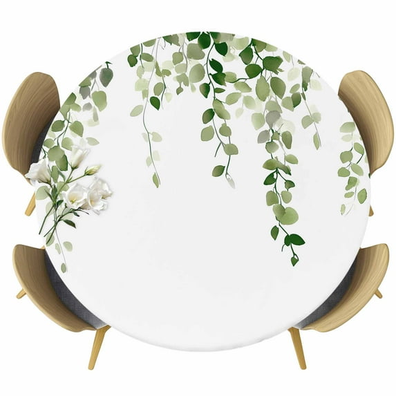 Green Eucalyptus Leaves Round Tablecloth 36-44 Inch Round Fitted Table Cloth with Elastic Edge, Summer Leaf Watercolor Waterproof Table Cover Protector for Outdoor Picnic Party Dining