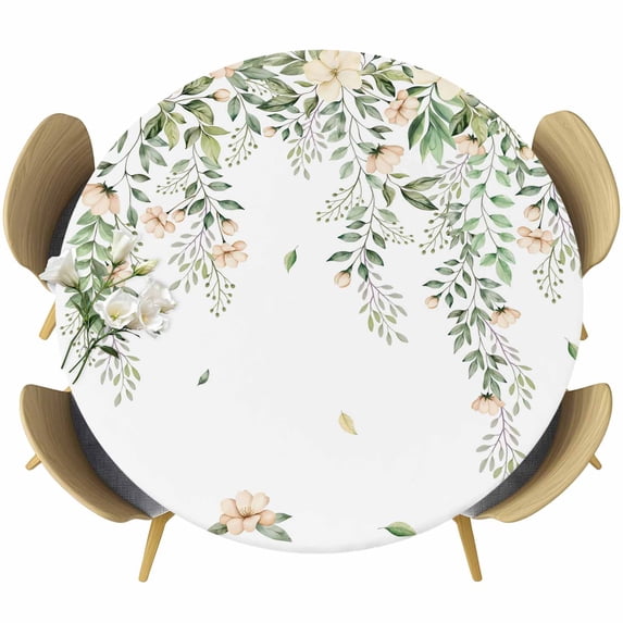 Green Eucalyptus Leaves Round Tablecloth, Fitted Table Cover with Elastic for 45"-54" Round Tables, Spring Floral Weeping Farmhouse Table Cloth Outdoor Indoor Dinning Party Waterproof Tablecloths