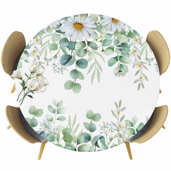 Green Eucalyptus Leaves Round Tablecloth, Fitted Table Cover with Elastic for 55"-60" Round Tables, Summer Botanical Daisy Floral Table Cloth Outdoor Indoor Dinning Party Waterproof Tablecloths