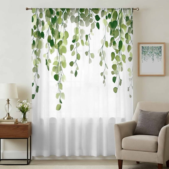 Green Eucalyptus Leaves Sheer Curtains 45 Inches Long, Weeping Spring Botanical Summer Light Filering Curtains, Breathable Simi Curtain Privacy Drapes for Kitchen Bathroom Small Window Treatment