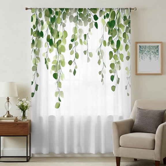 Green Eucalyptus Leaves Sheer Curtains 45 Inches Long, Weeping Spring Botanical Summer Light Filering Curtains, Breathable Simi Curtain Privacy Drapes for Kitchen Bathroom Small Window Treatment
