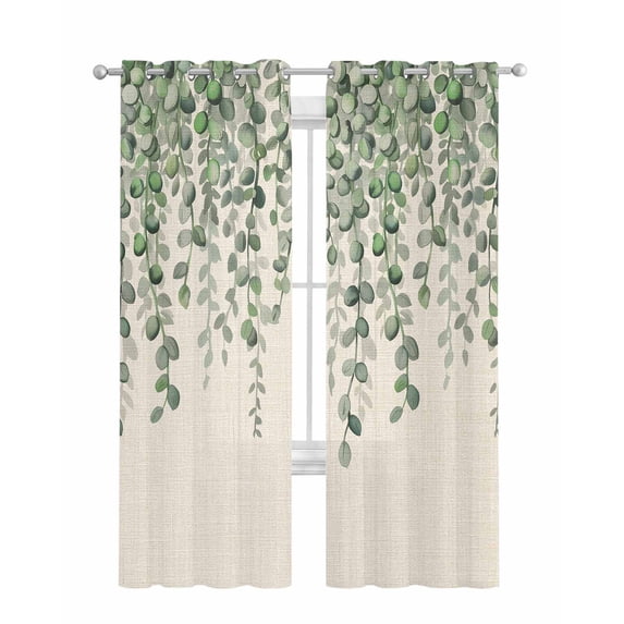 Green Eucalyptus Leaves Sheer Curtains 63 Inch Length 2 Panels Set for Living Room/Bedroom, Summer Botanical Weeping Rustic Kitchen Curtains Grommet Semi-Sheer Curtains Window Treatments 42"x63"x2
