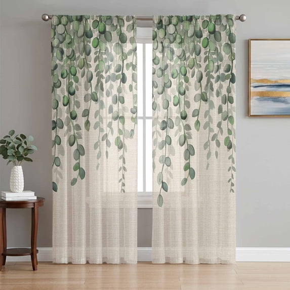 Green Eucalyptus Leaves Sheer Curtains 63 Inch Length 2 Panels Set, Summer Botanical Weeping Rustic Voile Window Treatment Rod Pocket Curtains Sheers Drapes for Bedroom/Living Room/Kitchen 52x"63"x2