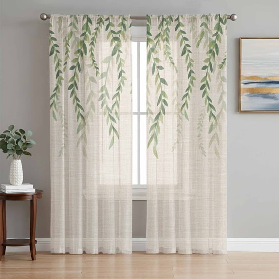 Green Eucalyptus Leaves Sheer Curtains 72 Inch Length 2 Panels Set, Rustic Weep Botanical Leaf Beige Voile Window Treatment Rod Pocket Curtains Sheers Drapes for Bedroom/Living Room/Kitchen 52"x72"x2
