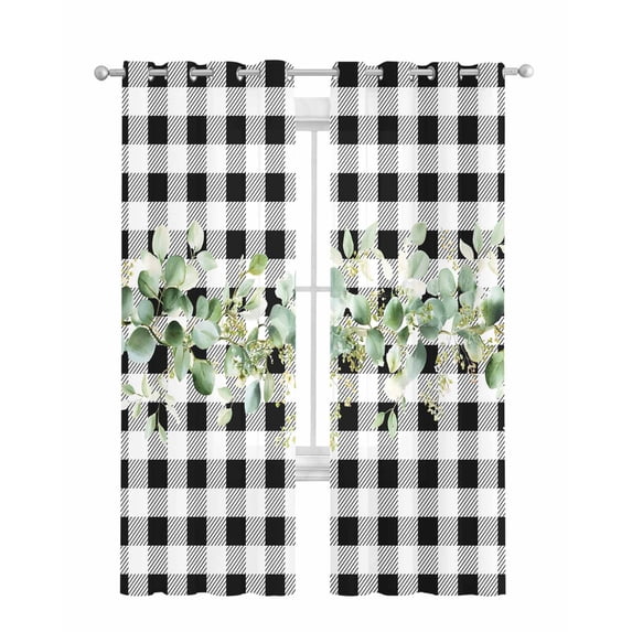 Green Eucalyptus Leaves Sheer Curtains 84 Inch Length 2 Panels Set for Living Room/Bedroom, Black White Plaid Farmhouse Watercolor Kitchen Curtains Grommet Curtains Window Treatments 42"x84"x2