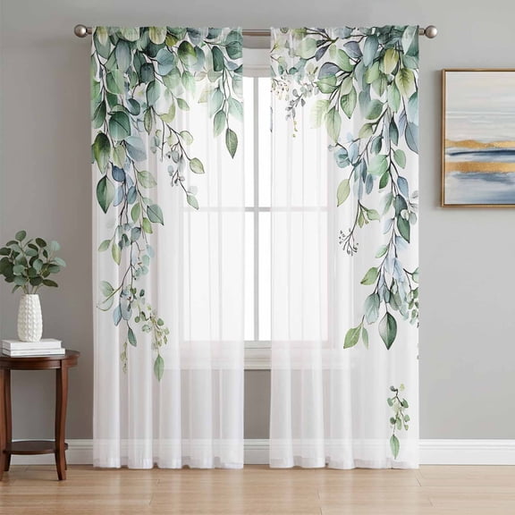 Green Eucalyptus Leaves Sheer Curtains 84 Inch Length 2 Panels Set, Summer Botanical Vines Plants Voile Window Treatment Rod Pocket Curtains Sheers Drapes for Bedroom/Living Room/Kitchen 52"x84"x2