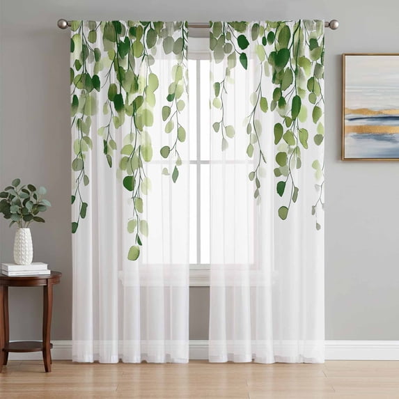 Green Eucalyptus Leaves Sheer Curtains 96 Inch Length 2 Panels Set, Weeping Spring Botanical Summer Voile Window Treatment Semi Sheer Long Curtains Drapes for Bedroom/Living Room/Kitchen 52"x96"x2