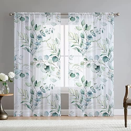 Green Eucalyptus Leaves Sheer Curtains for Living Room 84 inch Length 2 ...