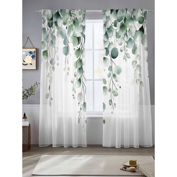 Green Eucalyptus Leaves Sheer Curtains for Living Room Bedroom Pastoral Farmhouse Botanical Sheer Curtains 108 Inch Long 2 Panels Set Light Filtering Curtain Window Treatments Drapes for Dining Room
