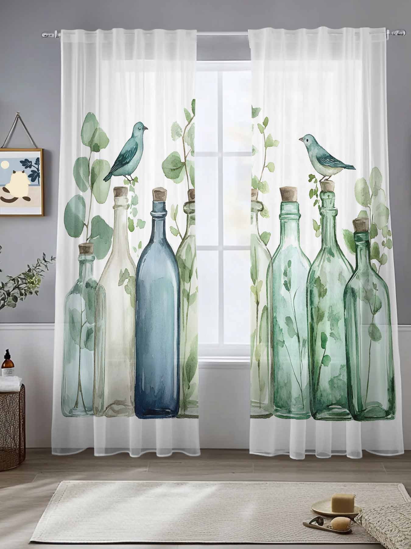 Green Eucalyptus Leaves Sheer Curtains for Living Room Bedroom Spring