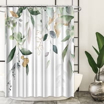 Green Eucalyptus Leaves Shower Curtain Gold Botanical Bathroom Curtain Sage Green Plant White Fabric Bathtub Decor