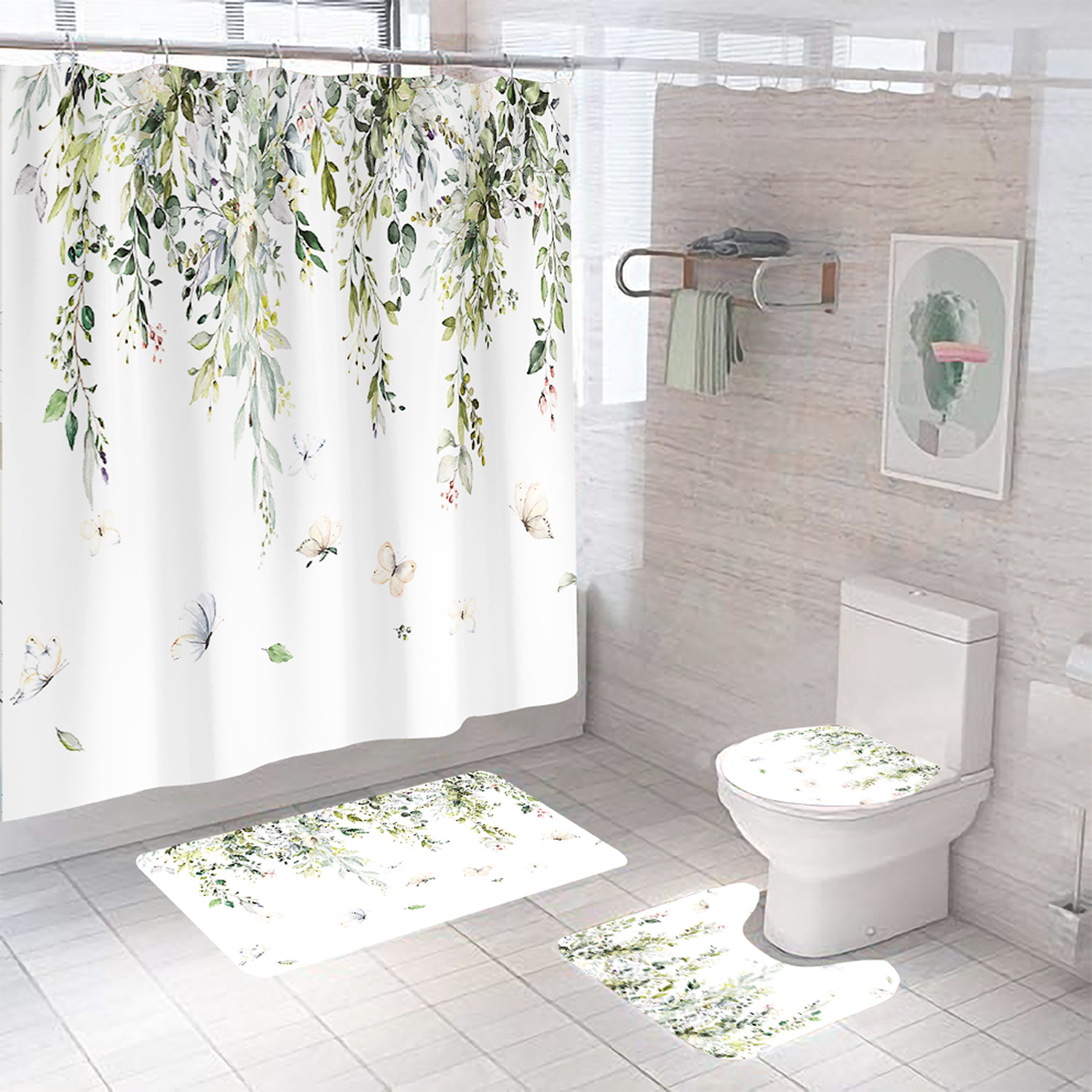 Blue Eucalyptus Leaf Shower Curtain – 72x72 Inch Watercolor Floral Print, Polyester With Grommets