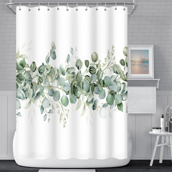 Green Eucalyptus Leaves Shower Curtain Watercolor Leaf Modern Minimalist Bathroom Decor Shower Curtain 36 x 72 Inch Polyester Waterproof Unique Tub Curtain with 6 Hooks