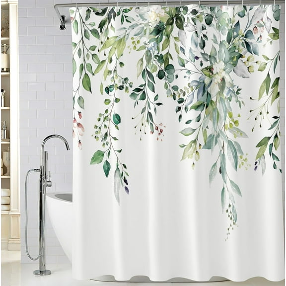 Green Eucalyptus Leaves Shower Curtain, Watercolor Plant Floral Bathroom Shower Curtain, Fabric Waterproof Botanical Shower Curtain with 12 Hooks, 72 x 72 Inch