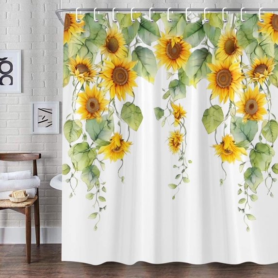 Green Eucalyptus Leaves Shower Curtain Watercolor Sunflower Rustic Farmhouse Yellow Flower Country Floral Spring Plant Vine Nature Decor Fabric Bathroom Curtain with Hooks