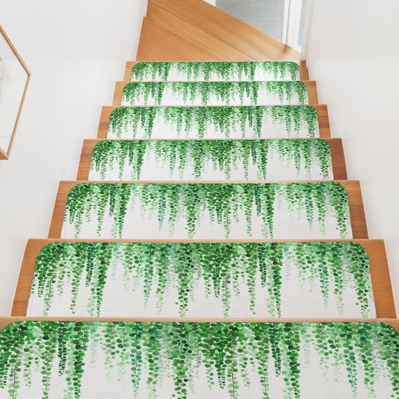 Green Eucalyptus Leaves Stair Treads Non Slip for Steps Summer Watercolor Plants 10 Pcs Reusable Adhesive Stair Runner Mats for Dogs Elders Carpet Treads Rugs for Staircase 8x30 In