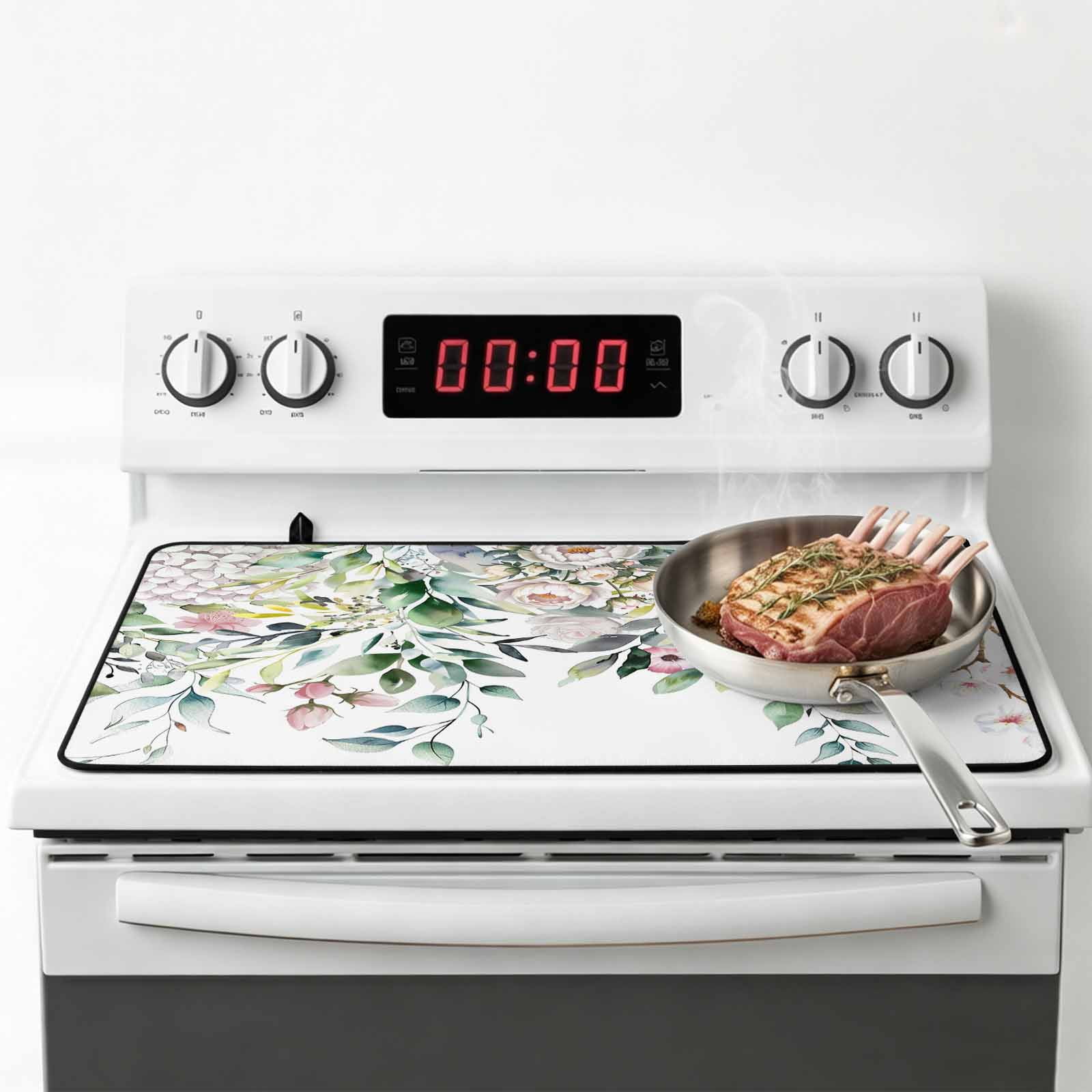 Green Eucalyptus Leaves Stove Top Cover for Electric Stove, Heat-proof & Non Slip Glass Top Stove Cover Protector, Floral Summer Botanical Watercolor Kitchen Flat Cooktop Rubber Mat 24x21 Inches