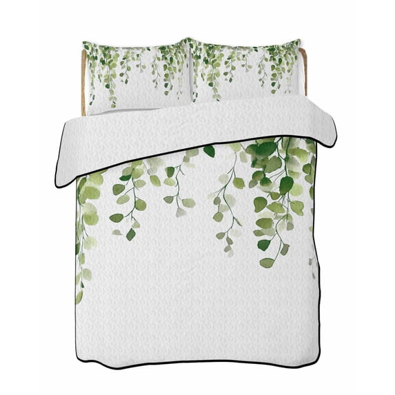 Green Eucalyptus Leaves Summer Quilt Set Twin Size,Soft Quilted Bedding Set with 2 Pillow Shams,Weeping Spring Botanical Summer Lightweight All Season Bedspread Coverlet for Bedroom 68"x86"