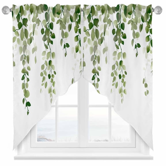 Green Eucalyptus Leaves Swag Valances for Windows 2 Pack Watercolor Retro Leaf Swag Kitchen Curtains 36 Inches Long Rod Pocket Short Window Treatment for Kitchen Bathroom 28"x36"