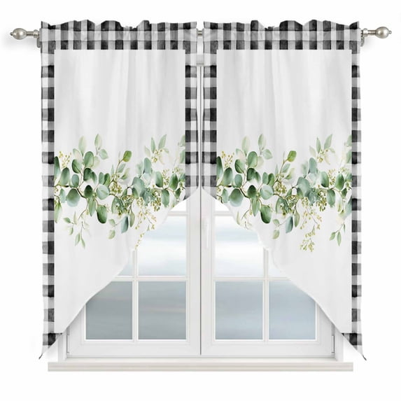 Green Eucalyptus Leaves Swag Valances for Windows, Kitchen Curtains 36 Inch Length 2 Panels Set, Modern Art Farmhouse Plaid Short Curtains for Small Windows Rod Pocket Cafe Curtains Drapes 28"x36"