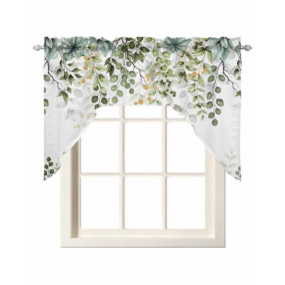 Green Eucalyptus Leaves Swag Valances for Windows, Small Curtains Drapes, Summer Botanical Weeping Kitchen Window Curtains Over Sink Rod Pocket Window Treatment Valance for Bedroom/Bathroom 56"x36"