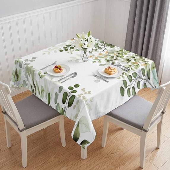 Green Eucalyptus Leaves Table Cloth Waterproof Tablecloths, Summer Botanical Weeping Tablecloth Dining Table Cover for Kitchen Party Tabletop Outdoor, Square Tablecloth 60x60 Inch