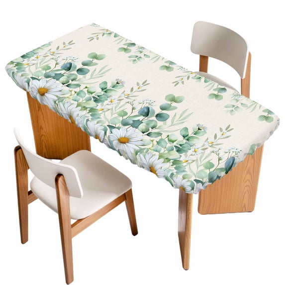 Green Eucalyptus Leaves Table Cloths for 4 Foot Rectangle Tables, Daisy Summer Botanical Watercolor Patio Waterproof Elastic Fitted Tablecloths, Washable Rectangular Table Cover for Camping