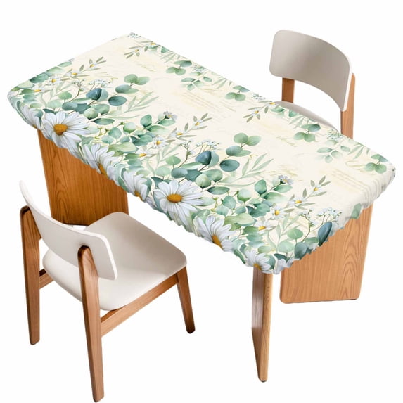 Green Eucalyptus Leaves Table Cloths for 5 Foot Rectangle Tables, Daisy Summer Botanical Farmhouse Patio Waterproof Elastic Fitted Tablecloths, Washable Rectangular Table Cover for Camping