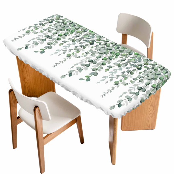 Green Eucalyptus Leaves Table Cloths for 5 Foot Rectangle Tables, Summer Botanical Weeping Watercolor Patio Waterproof Elastic Fitted Tablecloths, Washable Rectangular Table Cover for Camping