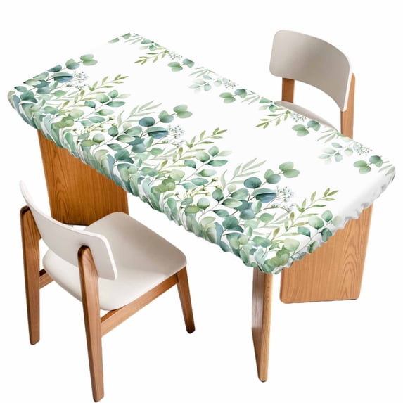 Green Eucalyptus Leaves Table Cloths for 6 Foot Rectangle Tables, Watercolor Spring Summer Botanical Patio Waterproof Elastic Fitted Tablecloths, Washable Rectangular Table Cover for Camping