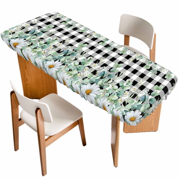 Green Eucalyptus Leaves Table Cloths for 8 Foot Rectangle Tables, Summer Botanical Daisy Black Plaid Patio Waterproof Elastic Fitted Tablecloths, Washable Rectangular Table Cover for Camping